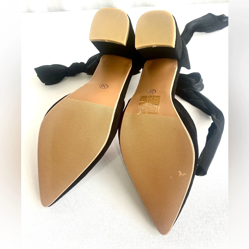 SHEIN Black Block Heels with Sheer Ribbon Ankle Tie Bow Size 36 US 6 Shoes NIB